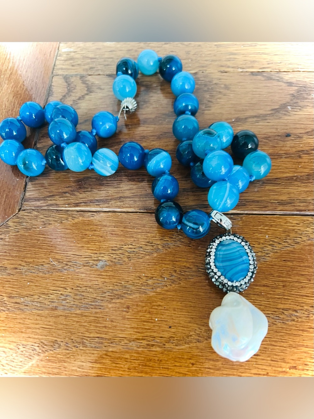 Blue Agate Bead Necklace with Removable Baroque Pearl Pendant